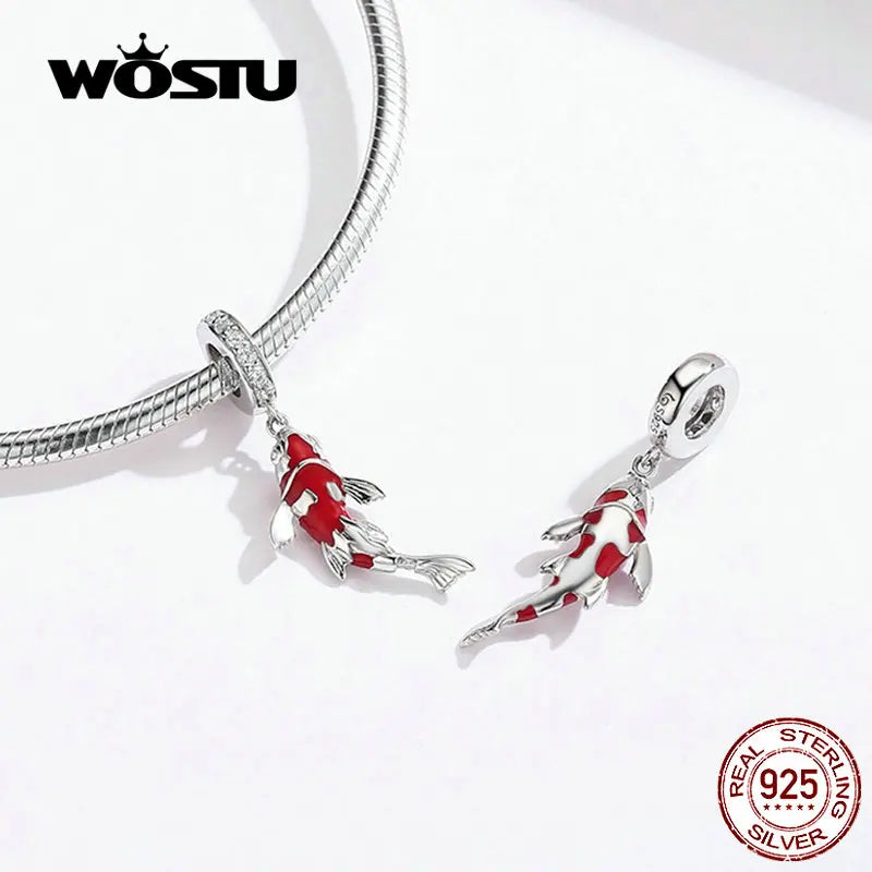 WOSTU 925 Sterling Silver Dreamcatcher Charm Koi Fish Dangle Heart Travel Pendant Fit Original Bracelet For Women Fine Jewelry