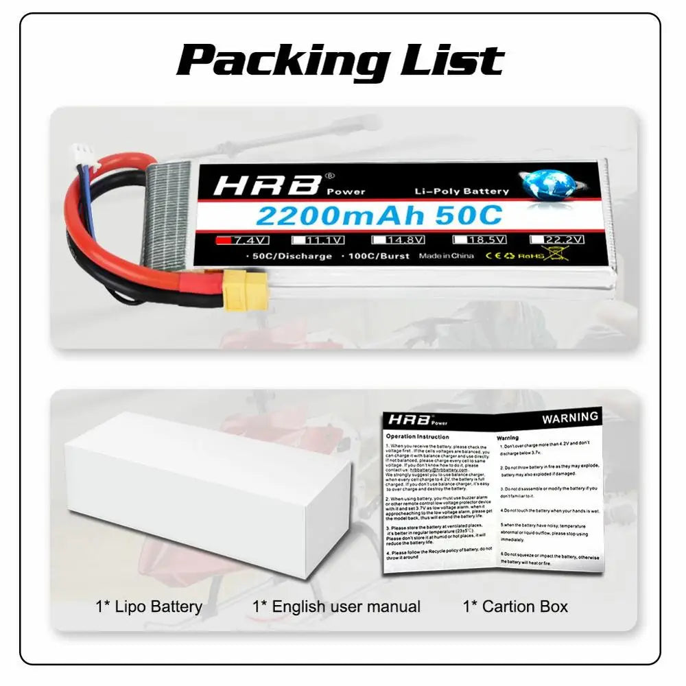 HRB 2S 7.4V 2200mah Lipo Battery 50C for  RC Drone frame Remote Control FPV Quadcopter Boat Helicopter RC Car 1/16