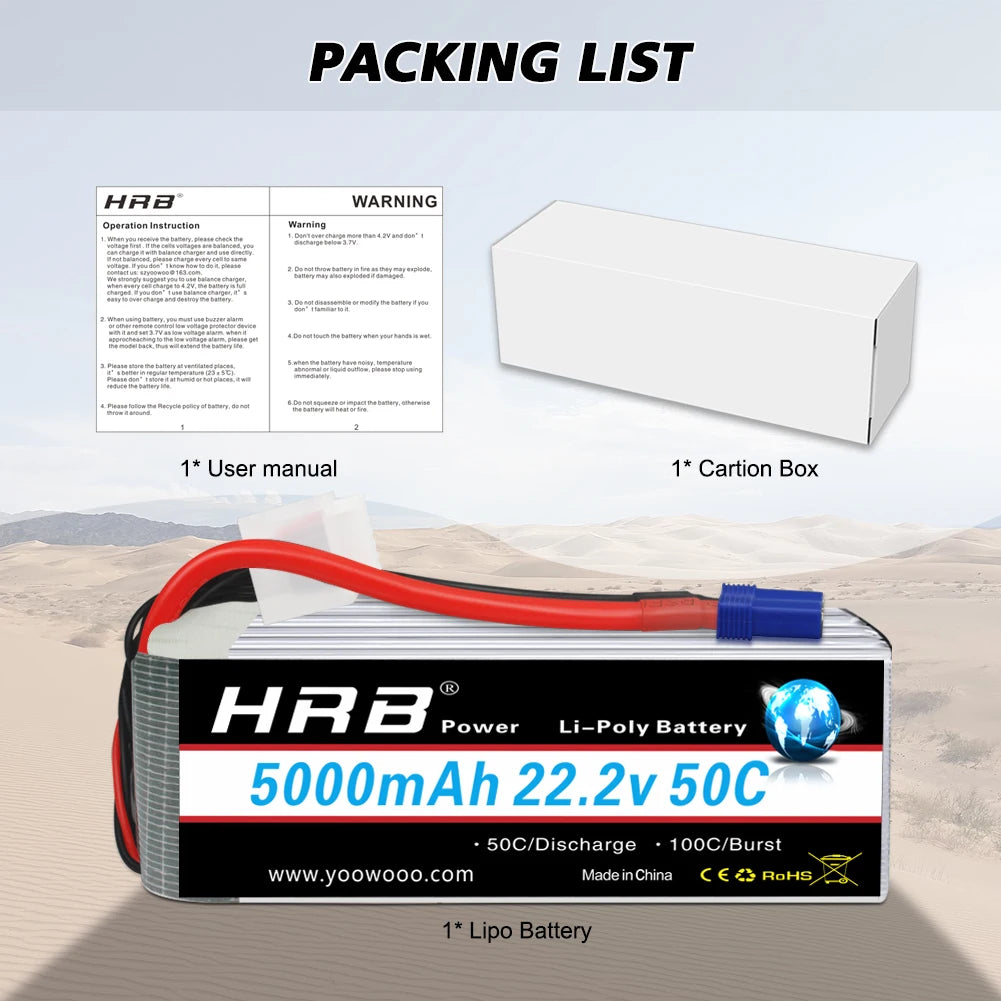 2pcs HRB 6S Lipo Battery 22.2V 5000mAh 50C with EC5 XT90 Connector For SAB 700 800 Quadcopter Helicopter Drone Align 7.2 Yak 54