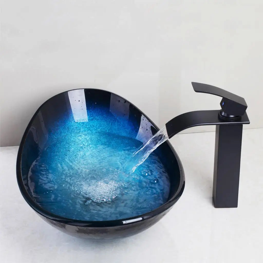 JIENI Tempered Glass Hand Painted Waterfall Spout Basin Black Tap Bathroom Sink Washbasin Bath Brass Set Faucet Mixer Taps Blue