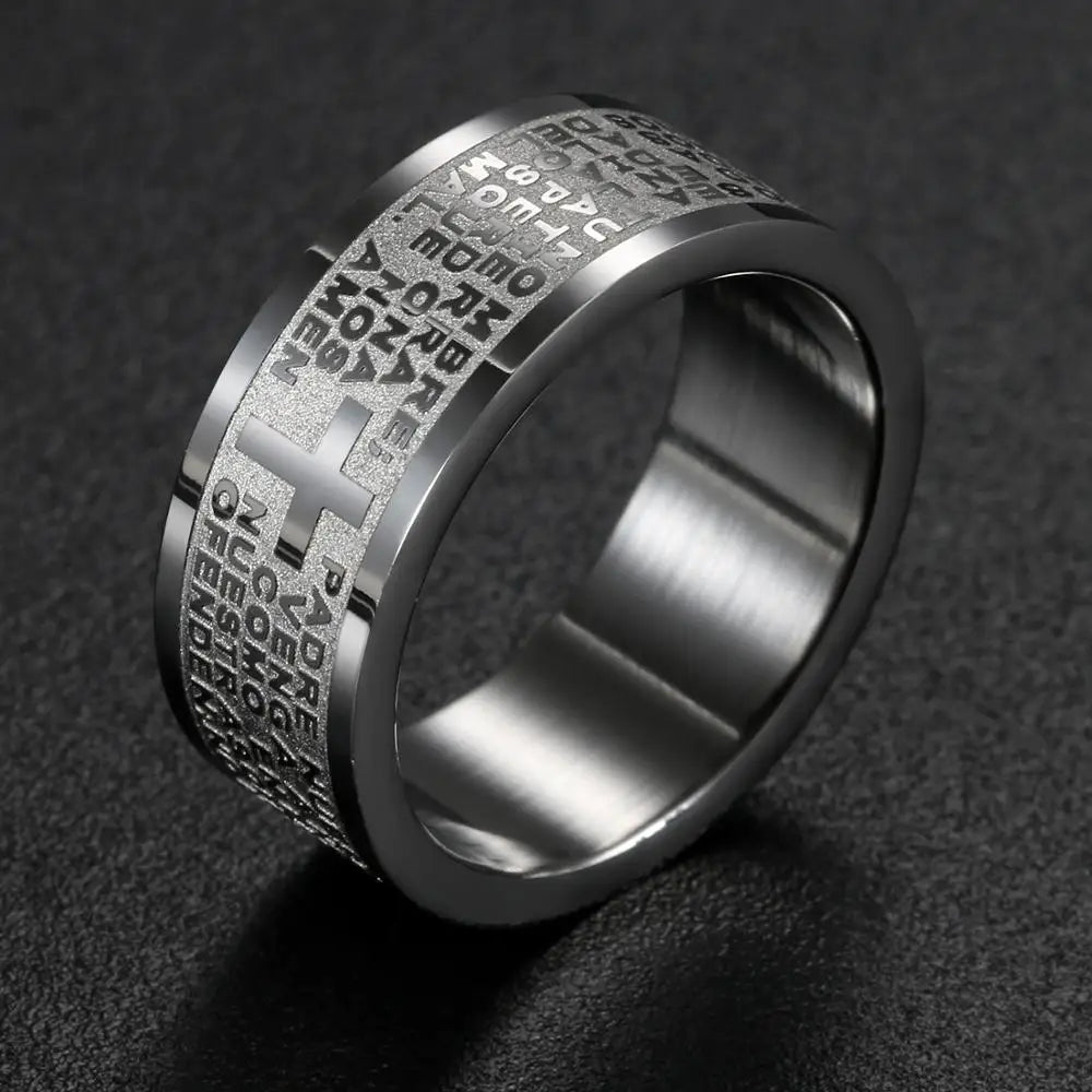 Fashion Mens 316L Stainless Steel Ring Spanish Lord's Prayer Bible Cross 8mm Band silver color anillos hombre mens jewellery