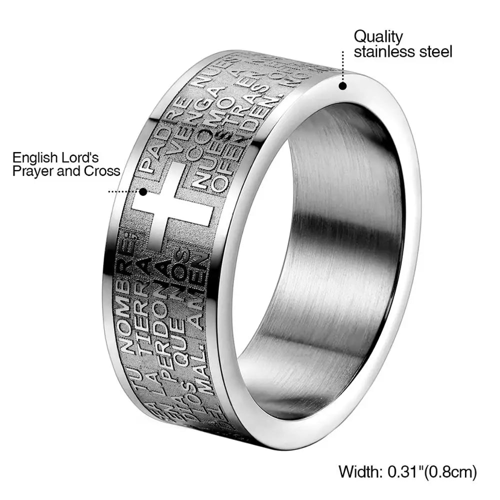 Fashion Mens 316L Stainless Steel Ring Spanish Lord's Prayer Bible Cross 8mm Band silver color anillos hombre mens jewellery