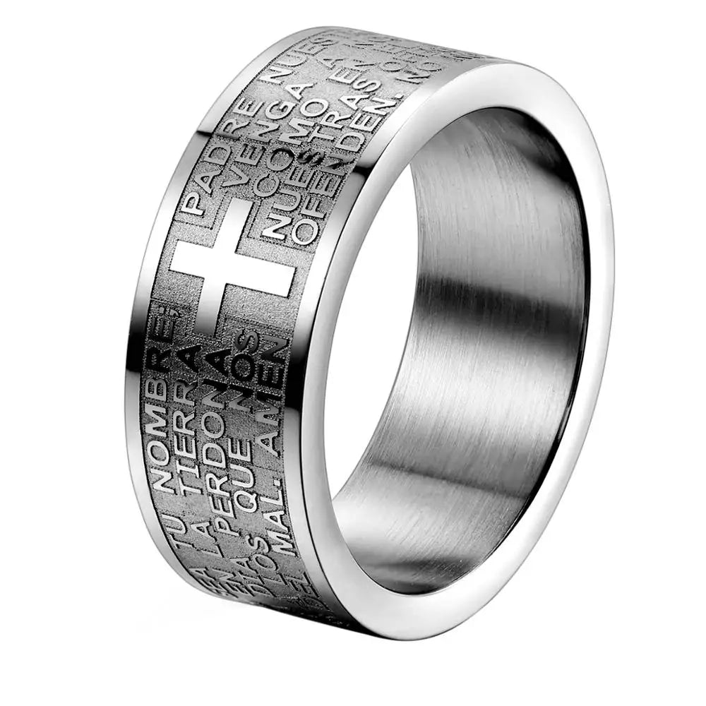 Fashion Mens 316L Stainless Steel Ring Spanish Lord's Prayer Bible Cross 8mm Band silver color anillos hombre mens jewellery