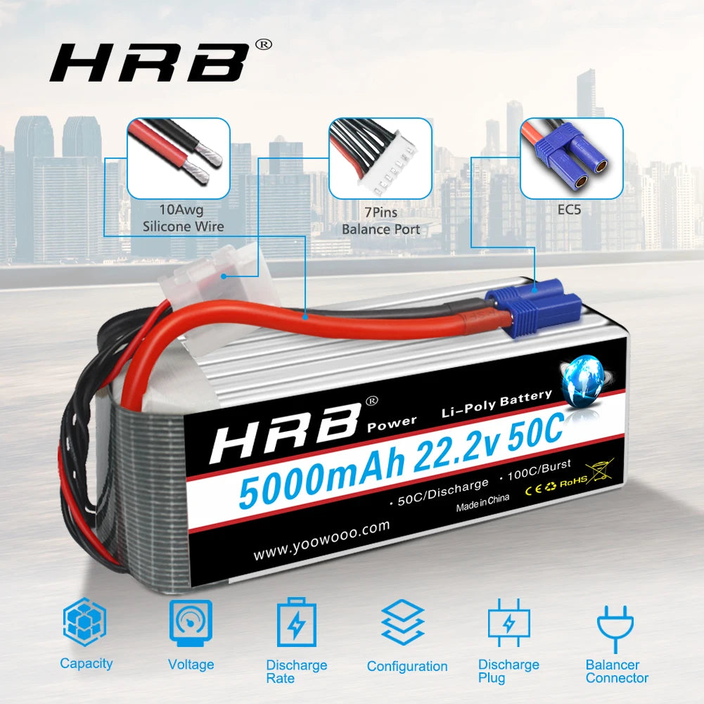 2pcs HRB 6S Lipo Battery 22.2V 5000mAh 50C with EC5 XT90 Connector For SAB 700 800 Quadcopter Helicopter Drone Align 7.2 Yak 54