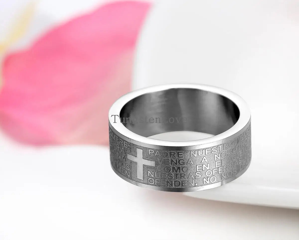 Fashion Mens 316L Stainless Steel Ring Spanish Lord's Prayer Bible Cross 8mm Band silver color anillos hombre mens jewellery