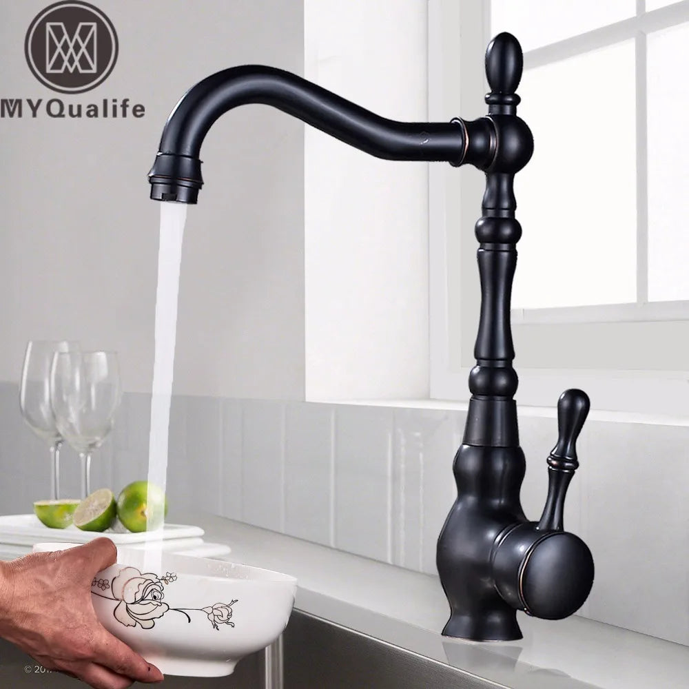 Black Deck Mount Bathroom Kitchen Brass Faucet Single Handle 360 Rotate Basin Sink Mixer Taps Black Hot and Cold Water Mixers