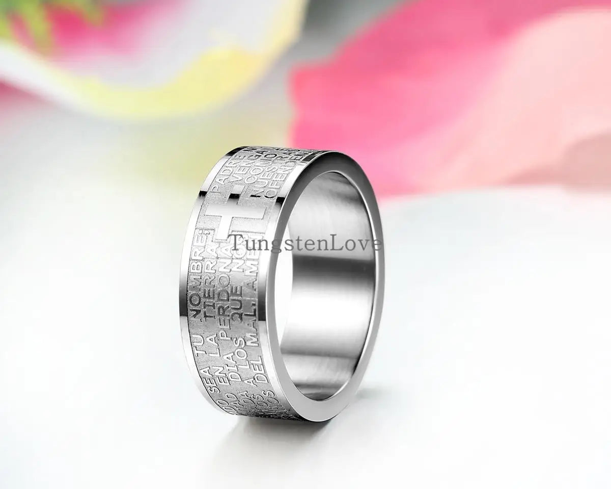 Fashion Mens 316L Stainless Steel Ring Spanish Lord's Prayer Bible Cross 8mm Band silver color anillos hombre mens jewellery