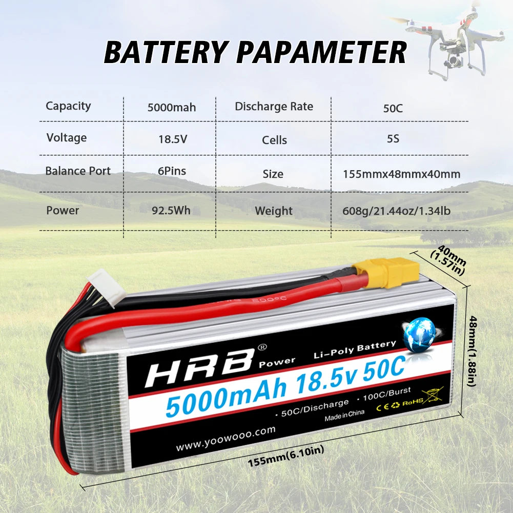 2pcs HRB 5S Lipo Battery 18.5V 5000mah 50C with XT90 T Plug RC LiPo for Helicopter Quadcopter Airplane Drone Car Drones Boat