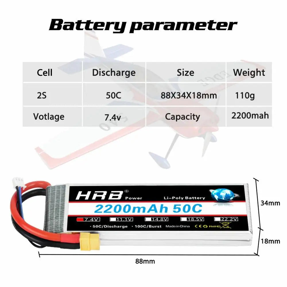 HRB 2S 7.4V 2200mah Lipo Battery 50C for  RC Drone frame Remote Control FPV Quadcopter Boat Helicopter RC Car 1/16