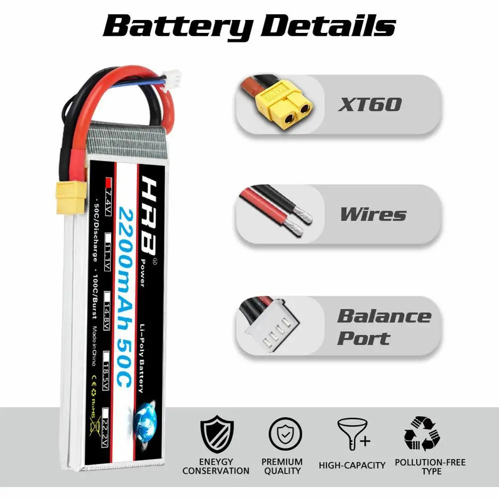 HRB 2S 7.4V 2200mah Lipo Battery 50C for  RC Drone frame Remote Control FPV Quadcopter Boat Helicopter RC Car 1/16