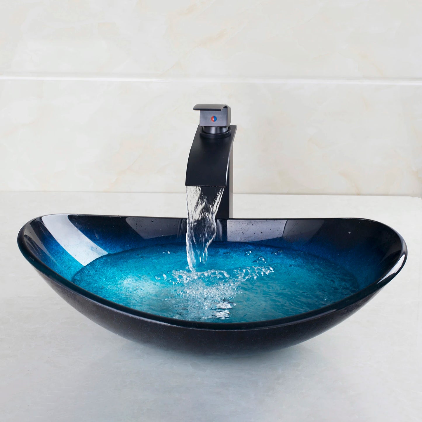 JIENI Tempered Glass Hand Painted Waterfall Spout Basin Black Tap Bathroom Sink Washbasin Bath Brass Set Faucet Mixer Taps Blue