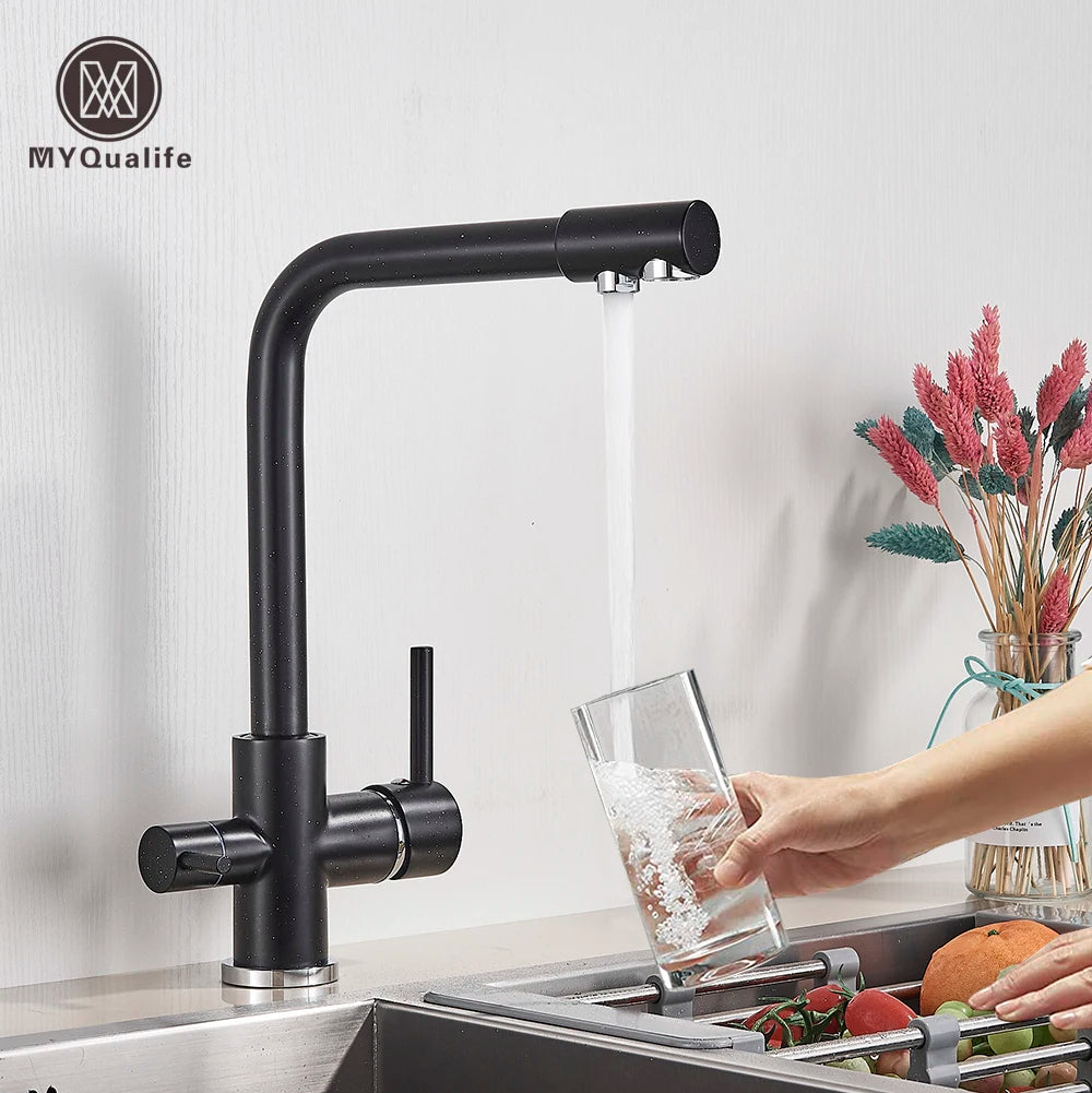 Matte Black Brass Pure Water Kitchen Faucet Dual Handle Hot and Cold Drinking Water 3-way Filter Kitchen Purified Mixer Taps