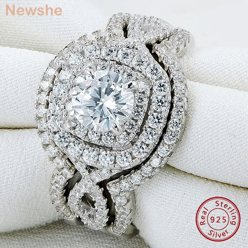 Newshe Original 925 Sterling Silver Wedding Rings Set for Women Halo Engagement Round CZ Diamond Luxury Jewelry Dating Ring