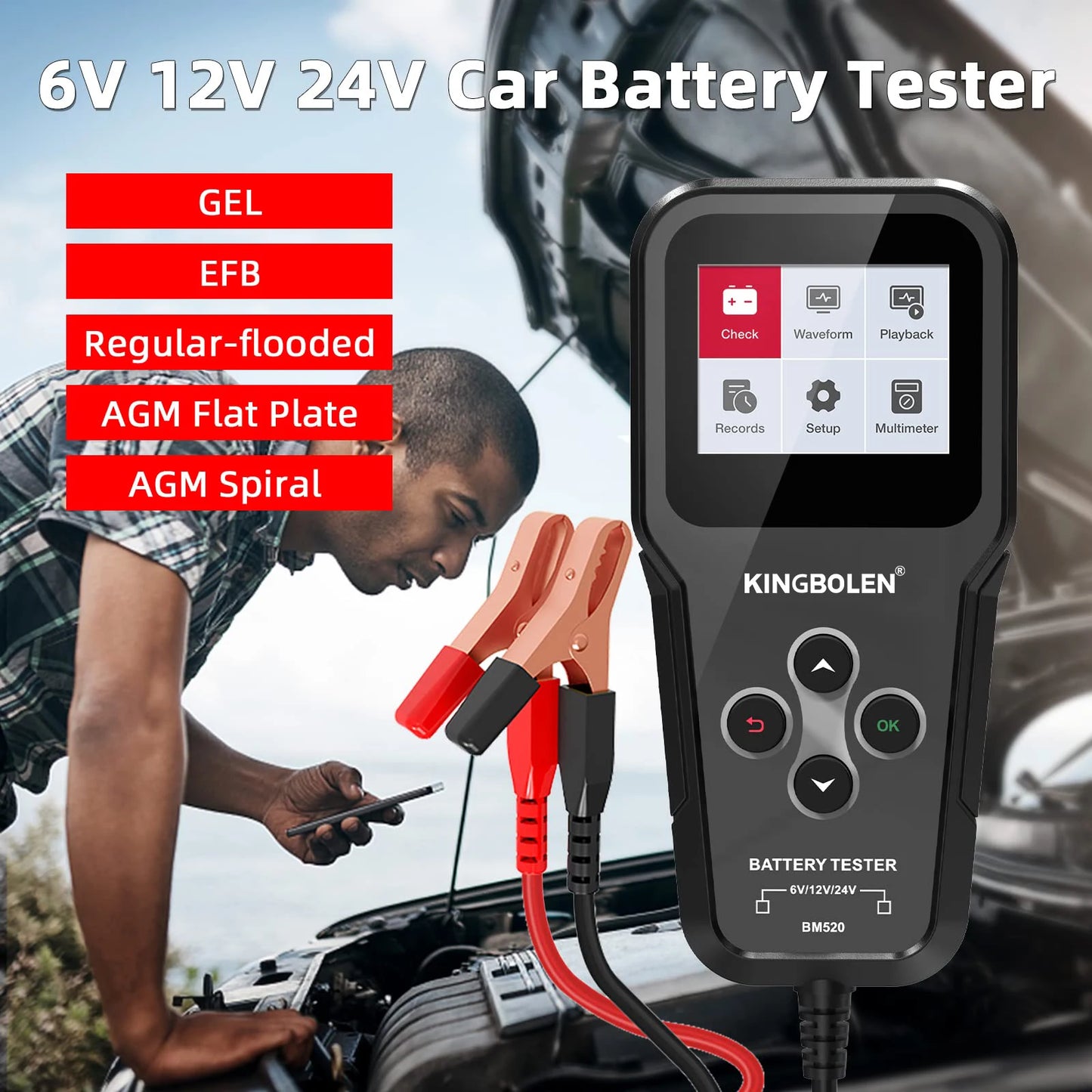 KINGBOLEN bm520 6V 12V 24V Car Battery Tester,100-2000 CCA Voltage Tester 2Ah-220Ah Internal Resistance Tester Battery Analyzer