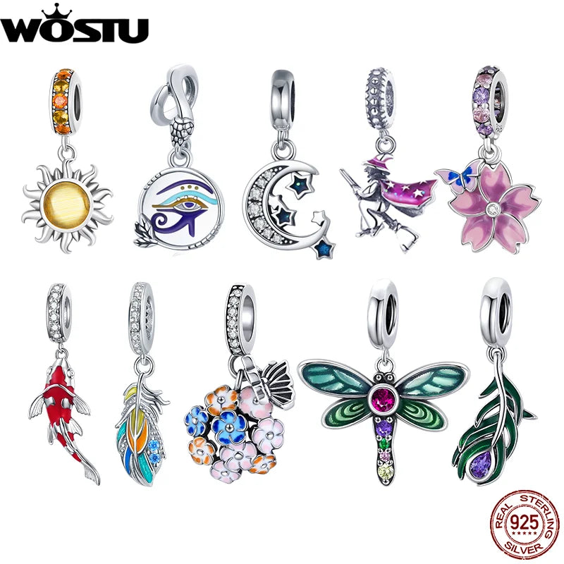 WOSTU 925 Sterling Silver Dreamcatcher Charm Koi Fish Dangle Heart Travel Pendant Fit Original Bracelet For Women Fine Jewelry