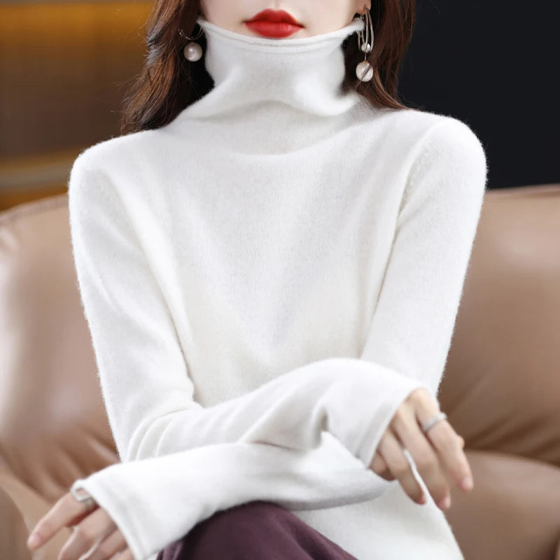 Merino Wool Cashmere Sweater Women's High Stacked Collar Pullover Long Sleeve Winter Knitted Sweater Warm High Quality Jumper