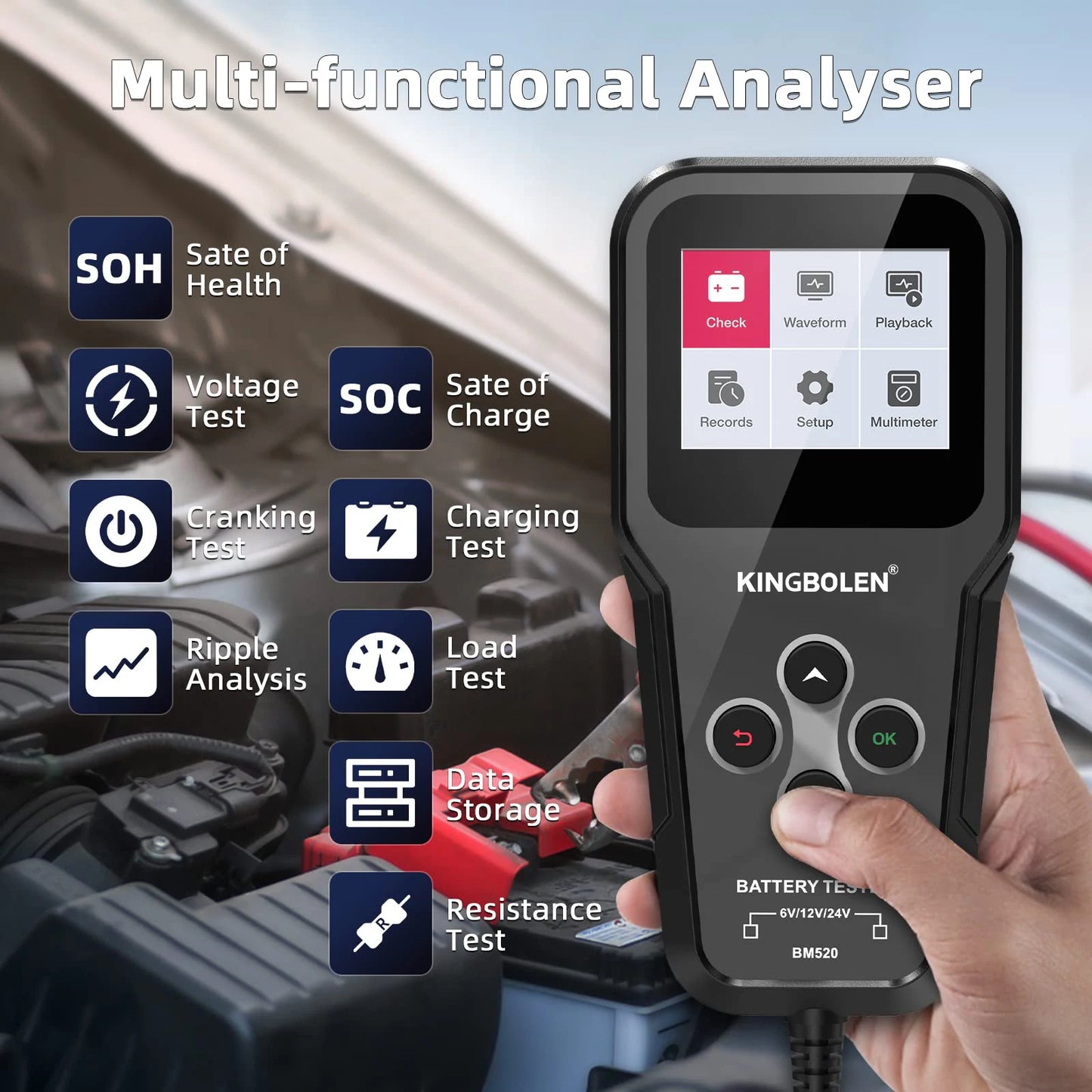 KINGBOLEN bm520 6V 12V 24V Car Battery Tester,100-2000 CCA Voltage Tester 2Ah-220Ah Internal Resistance Tester Battery Analyzer